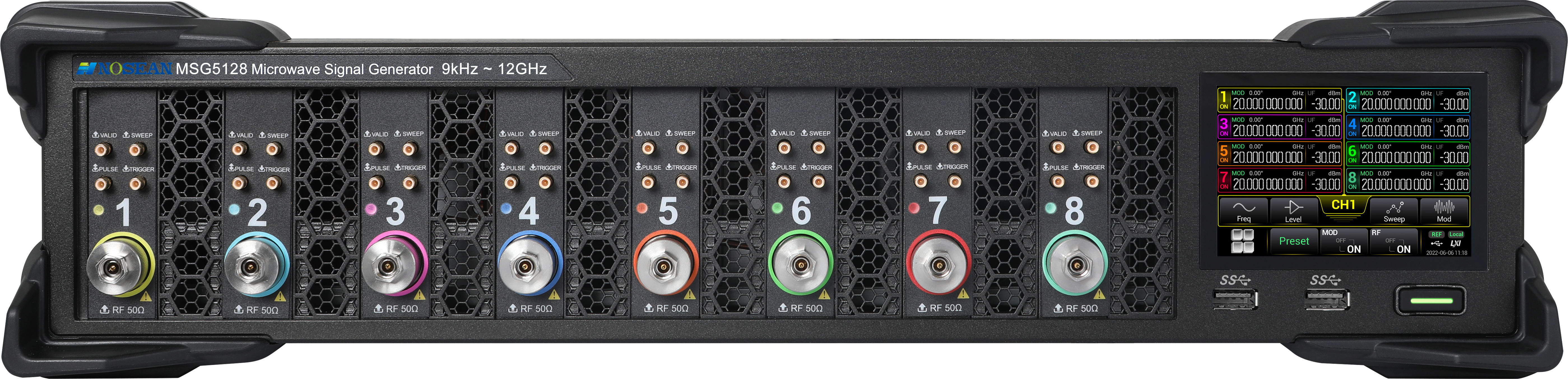 Rigol MSG5128 генератор РЧ сигналов, 8 каналов, частотный диапазон от 9 кГц до 12 ГГц, выходная мощность 20 мВт.